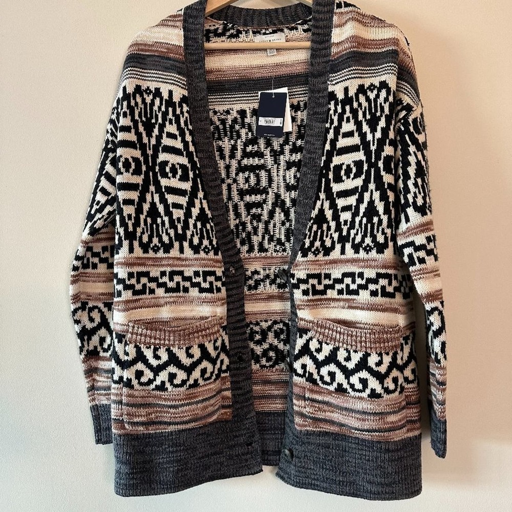 NWT Lucky Brand cardigan S Beige Grey struped cotton blend pockets